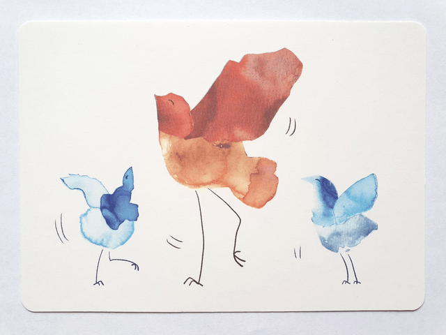 Happy Dancing Birds Watercolour Collage Postcard